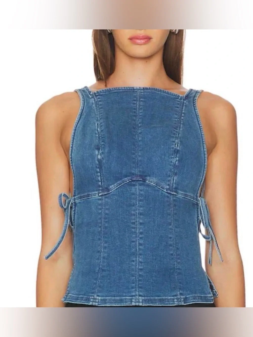 Free People Blue Denim Lace-Up Tank Top